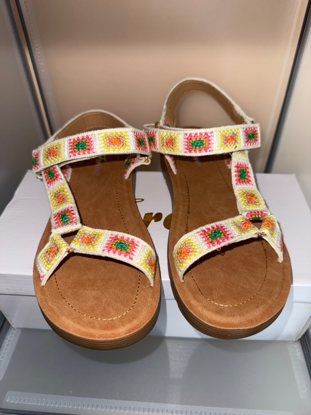 Forever Link Floral Crochet Ankle Strap Sandals Beige Multicolor Size 10
